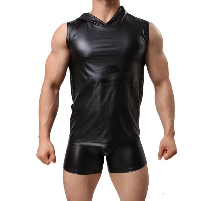 Men's faux leather vest Comfortable round neck Patent leather wide shoulder sleeveless black