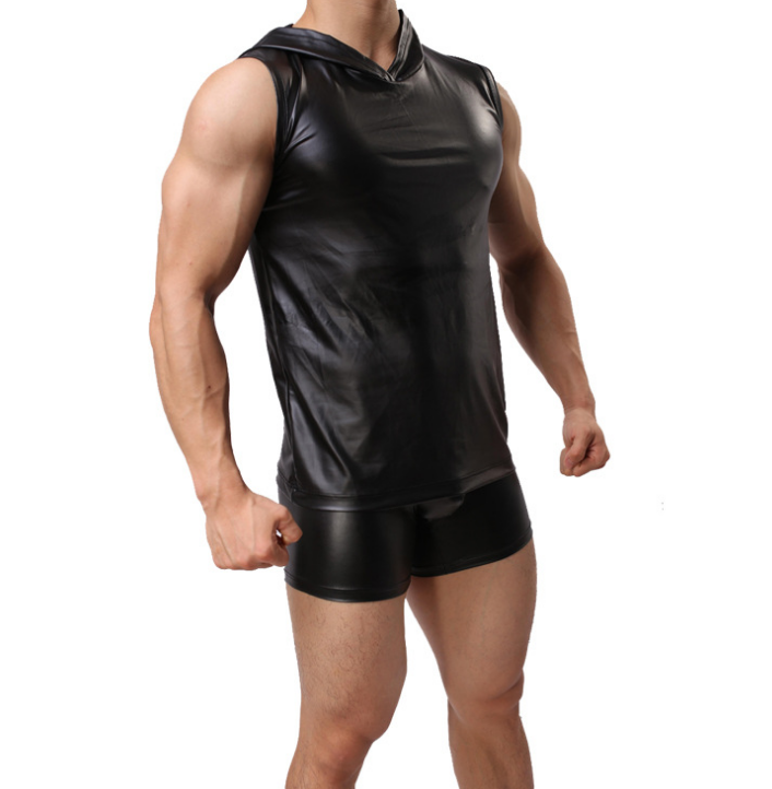 Men's faux leather vest Comfortable round neck Patent leather wide shoulder sleeveless black